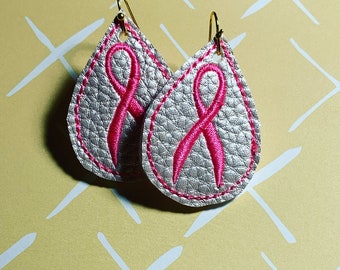 Pink ribbon embroidered earrings
