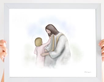 Jesus Christ Art Print: Kneeling with Child, Christian Home Decor (Digital Download)