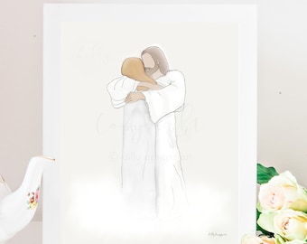 Woman Hugging Jesus Memorial Art Print, Bereavement Gift (Digital Download)