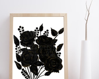 Black Rose Bouquet Art Print: Hand-Drawn Floral Illustration (Digital Download)