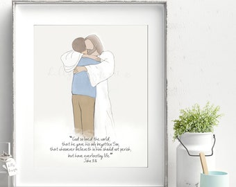 Memorial Art Print: Jesus Hugging Man, Grief Gift (Digital Download)