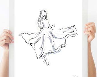 Dancing Woman Line Art Print, Minimalist Fashion Sketch (Digital Download)