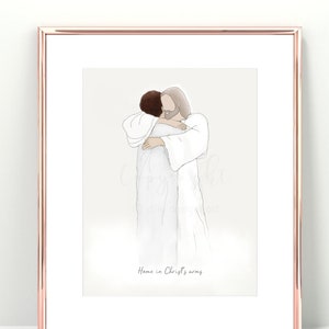 Home in Christ&#39;s arms, Woman Hugging Christ, Heaven Reunion, Atonement, Bereavement, Funeral Painting, Jesus Christ Painting, Jesus Art, LDS