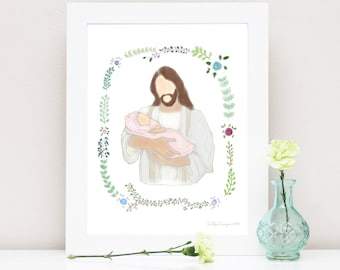 Infant Loss Art Print, Angel Baby, Christ, Floral Wreath (Digital Download)