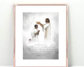 Jesus Crowning Faithful Servant Art: Christian Memorial Gift (Digital Download)