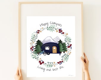 Happy Campers Hand Drawn Art Print: Camping Gift (Digital Download)
