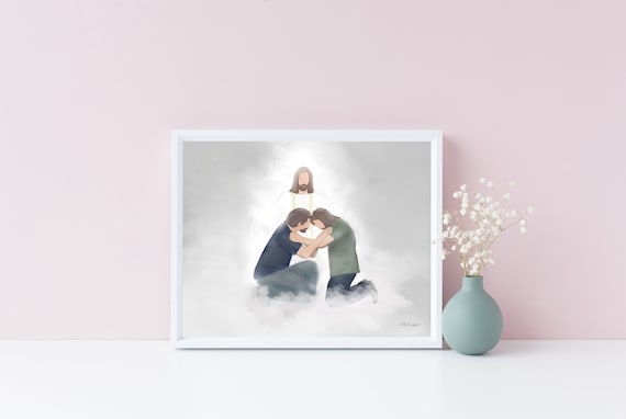 Father and Son, Meeting In Heaven, In Memory, Heavenly Greeting, Jesus Christ, Christian Artwork, Gifts To Help The Grieving, Funeral Art