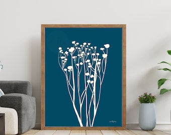 Navy Blue Floral Wall Art: Hand Drawn Botanical Print (Digital Download