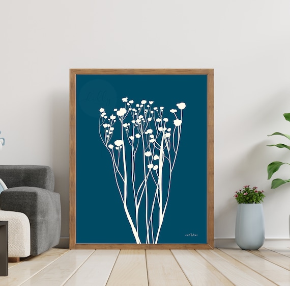 Botanical Printable, Hand Drawn, Navy Blue, Floral Wall Art, Botanical Wall Art, Navy Blue Wall Art, Flowers, Wall Flowers, Blue Flowers,Art