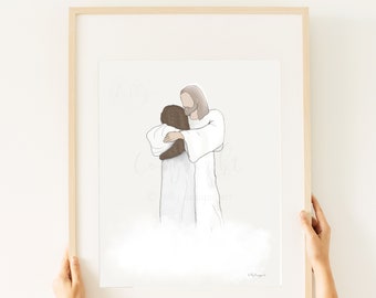 Woman Hugging Jesus Art Print, Reunion In Heaven, Memorial Gift (Digital Download)