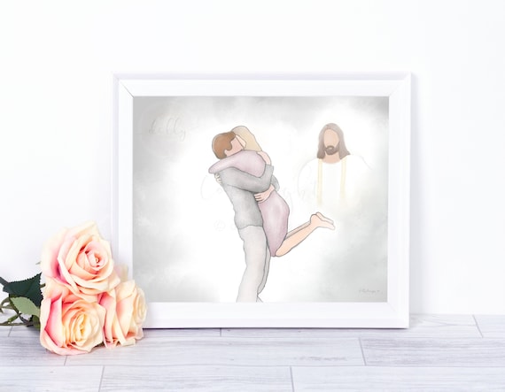 Heavenly Greeting, Man Hugging Woman, Bereavement Gift, Loss of Wife, Loss of Husband, Loss of Brother, Loss of Sister,  Christ Artwork, Art