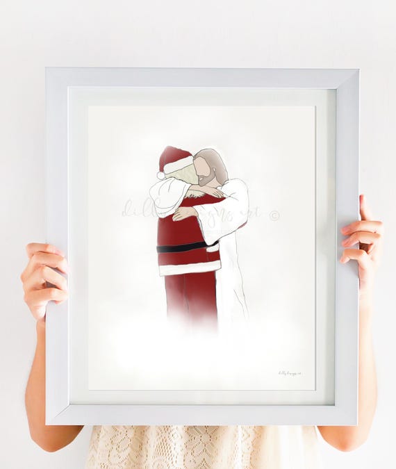 Hand-drawn digital artwork, Santa hugging Jesus, Christmas wall art, inspirational holiday decor, Christian printable gift, festive download