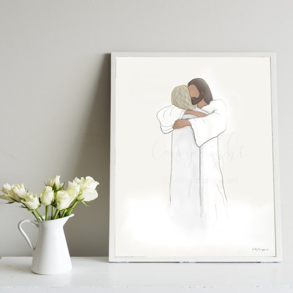 Painting, Artwork, Digital Painting, Hand Drawn, Original Painting, Jesus Hugging Woman, Christ Hugging Woman, Gift for Her, Sympathy, Woman