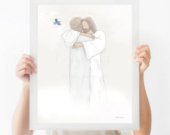 Christ Hugging Grandma Portrait with Blue Cardinal (Digital Download)