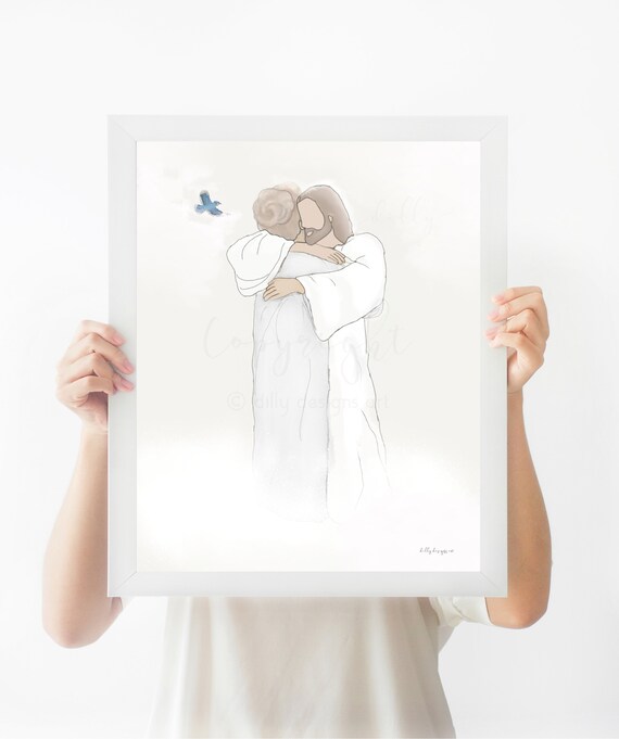 Christ Hugging Grandma, Blue Cardinal, Heavenly Portrait, Jesus Portrait, Christ Portrait, Funeral Portrait, Cemetary Memorial Art, Blue Jay