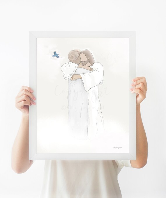 Christ Hugging Grandma, Blue Cardinal, Heavenly Portrait, Jesus Portrait, Christ Portrait, Funeral Portrait, Cemetary Memorial Art, Blue Jay