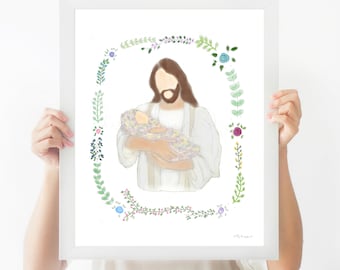 Rainbow Baby Memorial Art, Christ and Baby Illustration (Digital Download)