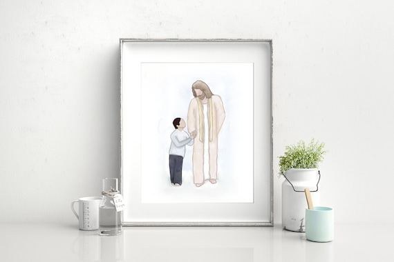 Jesus Christ Painting: Boy Walking With Jesus, Hand Drawn Art (Digital Download)