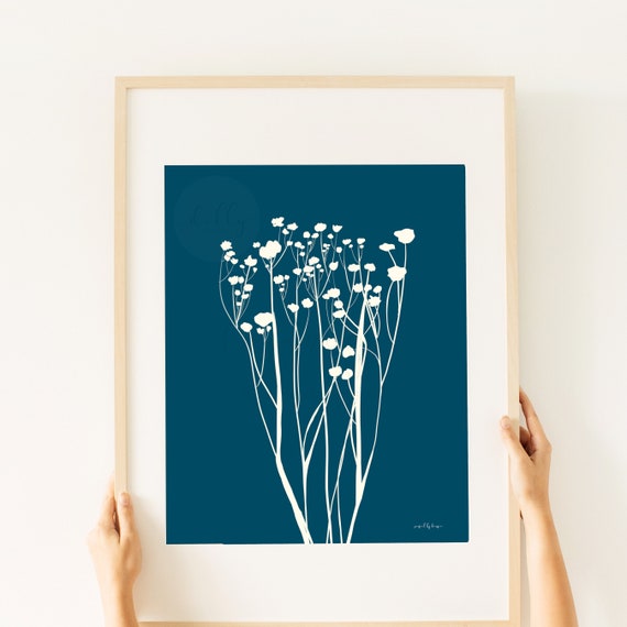 Navy Blue Floral Wall Art: Hand Drawn Botanical Print (Digital Download