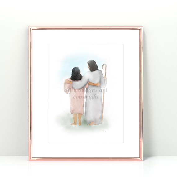 Hand-drawn digital artwork, Jesus walking with a woman, comforting Christian wall art, inspirational gift, faith-based printable decor, Draw