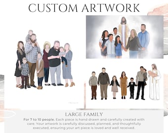 Custom Hand Drawn Portrait - 7 to 10 People - Personalized Artwork - Full Body Illustration - Digital Download