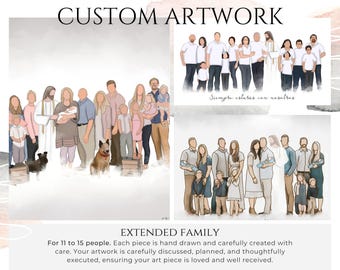 Custom Hand Drawn Portrait - 11 to 15 People - Personalized Artwork - Full Body Illustration - Digital Download
