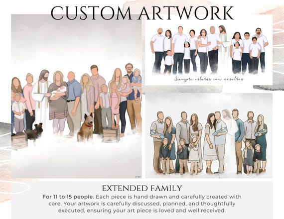 Custom Hand Drawn Portrait - 11 to 15 People - Personalized Artwork - Full Body Illustration - Digital Download