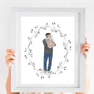 Pode incluir: Uma ilustração em aquarela de uma pessoa segurando uma criança nos braços. A ilustração é cercada por uma coroa de folhas e bagas cinzas.