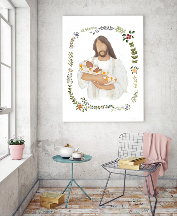 Jesus Holding Baby, Jesus Painting, Digital Art, Christ Drawing, Christ Holding Baby, Oranges Blanket, Black Ethnicity, Comforting Artwork