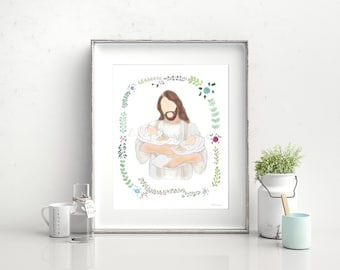 Christ Holding Twins Memorial Print, Twin Loss Gift (Digital Download)