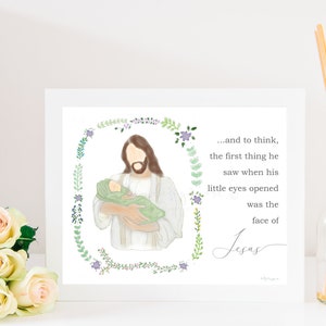 Engel Baby Geschenk, Gesicht von Jesus, das erste, was er sah, Christus hält Baby, Jesus hält Baby, Christus hält Kind, Totgeburt Geschenk, Trauer