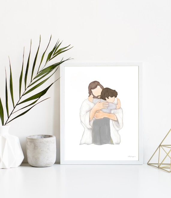 Boy Hugging Jesus Art Print: Christian Baptism Gift (Digital Art)