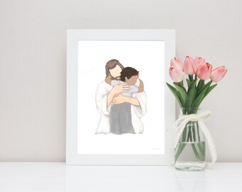 Jesus Christ Hugging Child Art Print: LDS Baptism Gift (Digital Art)