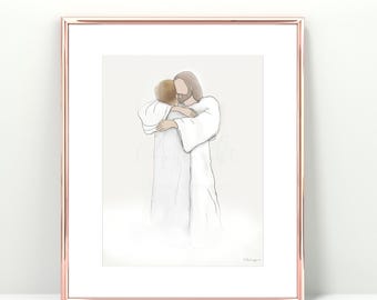 Jesus Hugging Man Print: Hand-Drawn Christian Art (Digital Download