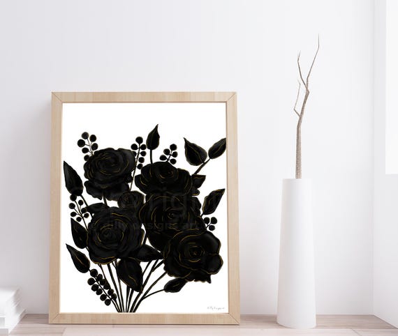 Elegant Black Rose Bouquet Wall Art Print, Hand-Drawn Floral Illustration, Pencil and Pastel Botanical Artwork, Dark Romantic Flower Decor