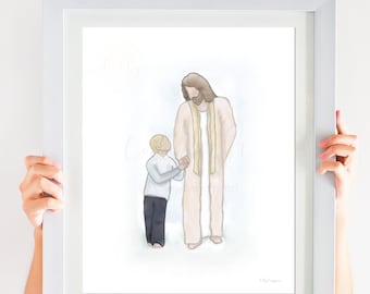 Jesus Walking With Boy, Jesus Walking With Child, Jesus and Child, Boy Christian Gift, Boy Baptism Gift, Blonde Boy, Jesus Christ Painting