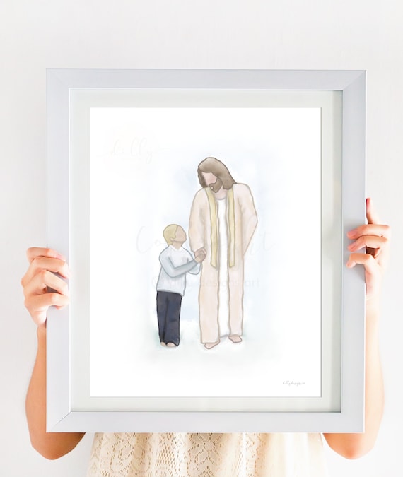 Jesus Walking With Boy, Jesus Walking With Child, Jesus and Child, Boy Christian Gift, Boy Baptism Gift, Blonde Boy, Jesus Christ Painting