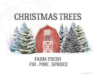 Farm Fresh Christmas Trees Sign - Red Barn Winter Art Print - Fir Pine Spruce Printable - Rustic Holiday Wall Decor