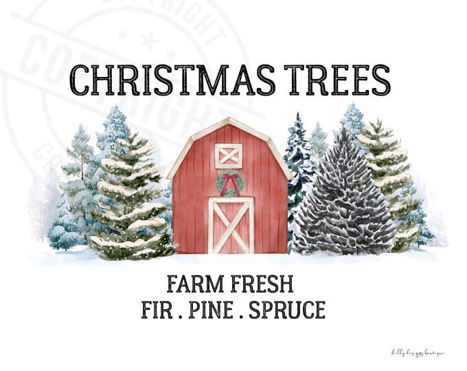 Featured listing image: Farm Fresh Christmas Trees Sign - Red Barn Winter Art Print - Fir Pine Spruce Printable - Rustic Holiday Wall Decor