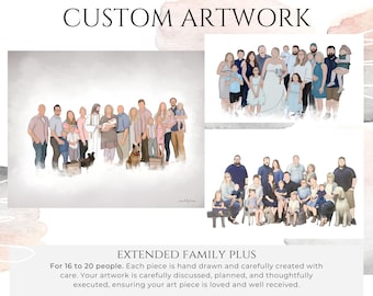 Custom Hand Drawn Portrait - 16 to 20 People - Personalized Artwork - Full Body Illustration - Digital Download
