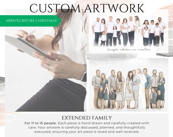 Custom Hand Drawn Portrait - 11 to 15 People - Personalized Artwork - Full Body Illustration - Digital Download