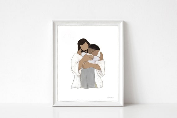 Jesus Christ Hugging Child, Jesus and Black Boy, Christian Printable, LDS Painting, Christian Painting, Digital Painting, Gift For Primary