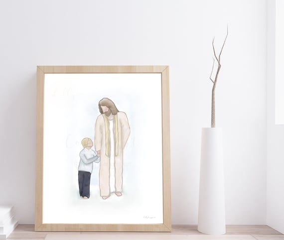 Smaller Boy With Christ, Boy With Christ, Boy Walking With Jesus, Jesus Footsteps, Jesus Christ Painting, Acrylic Painting, Digital Painting