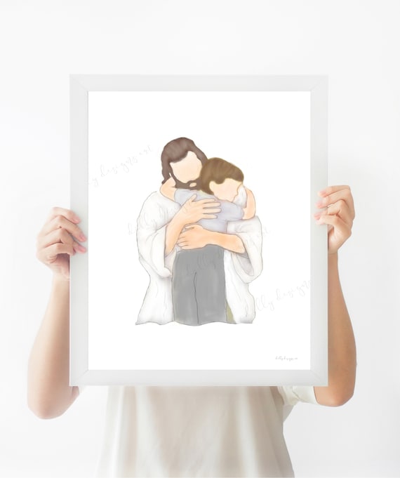 Religious Printables, Christ Embracing Boy, Jesus and Boy, Boys Bedroom Decor, Religious Handout, Christian Handout, Baptism Gift, Communion