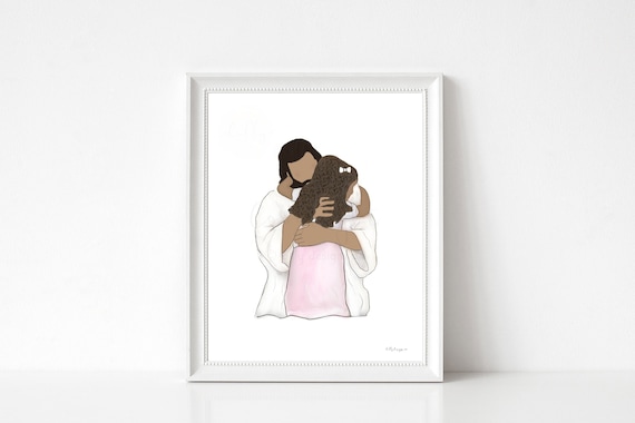 Girl With Jesus, Black Girl, Curly Hair, Christian Art, LDS Art, Communion Gift, LDS Gift, Printable Artwork, Printable Gift, Girls Birthday