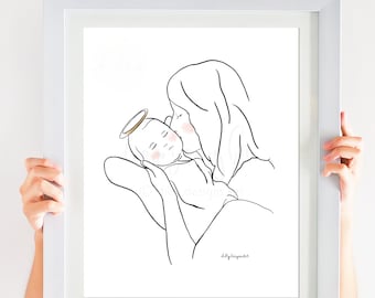 Mom and Angel Baby Line Art Print: Loss Memorial Gift (Digital Download)