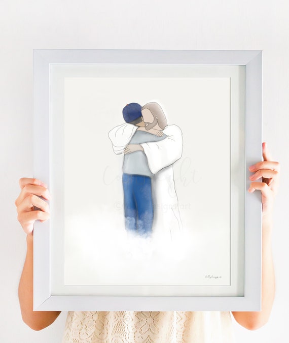 Greeting In Heaven, Baseball Hat, Man Hugging Christ, Loss of Life, Widow Gift, Trauma Gift, Gift for Grief, Uplifting Art, Passed On, Art