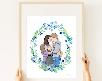 Family of Five Art Print: Forget-Me-Not Wreath (Digital Download)