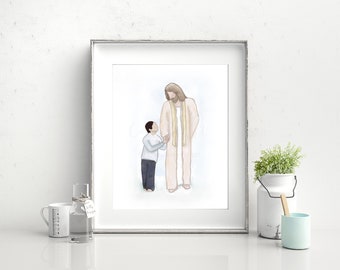 Jesus Christ Painting: Boy Walking With Jesus, Hand Drawn Art (Digital Download)