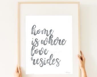 Gray Home Quote Art Print, Minimalist Calligraphy (Digital Download)